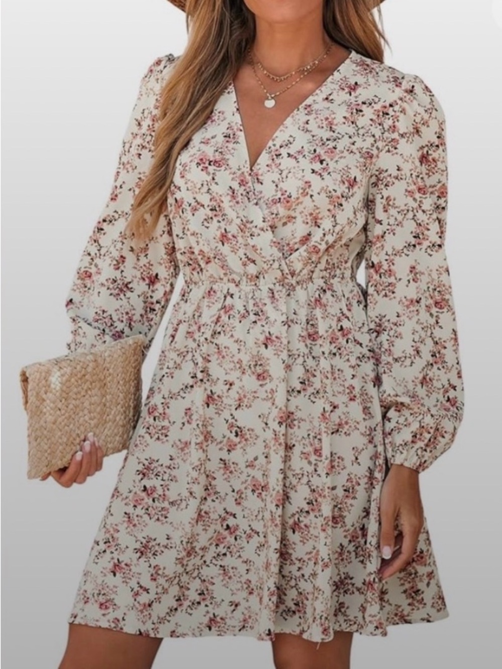 Cupshe Cream Floral Wrap Long Sleeve Dress